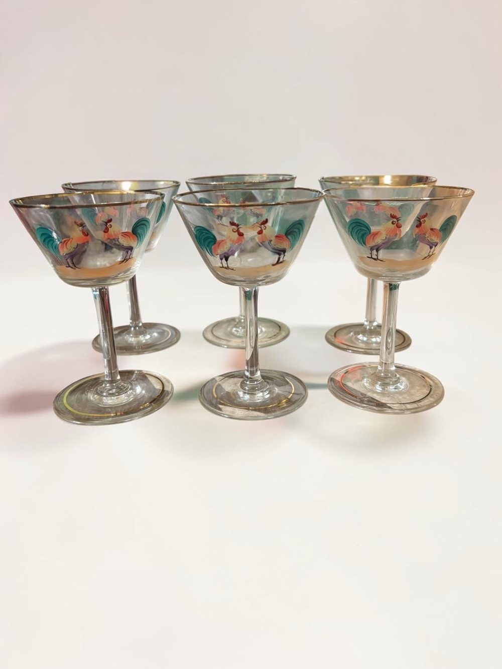 Vintage Rooster Cocktail Glasses Set 6 Hand Painted Gold Rim Stemmed Barware